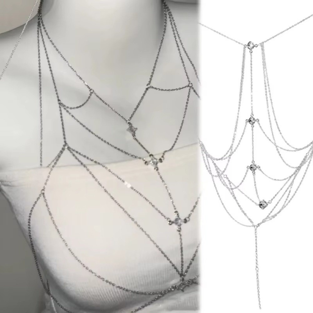 Body Jewelry Unique - Rantai Dada Bertabur Rhinestone Berkilau Multilayer