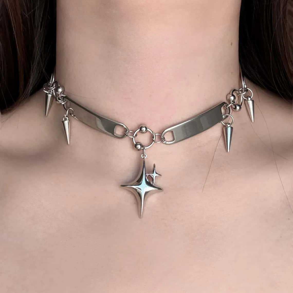 Body Jewelry Y2K - Kalung Punk Star Riveted, Perhiasan Rock,