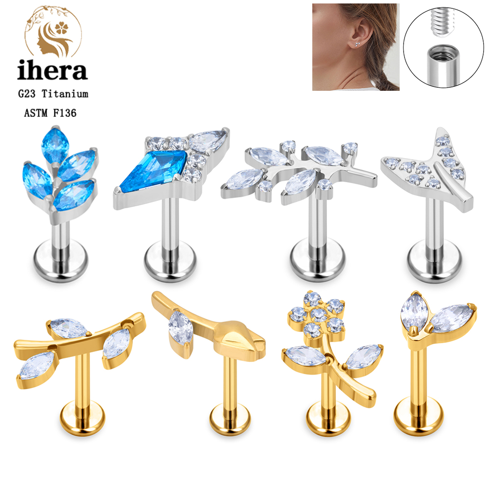Body Jewelry Labret - Anting-anting tusuk motif daun bunga, bertabur