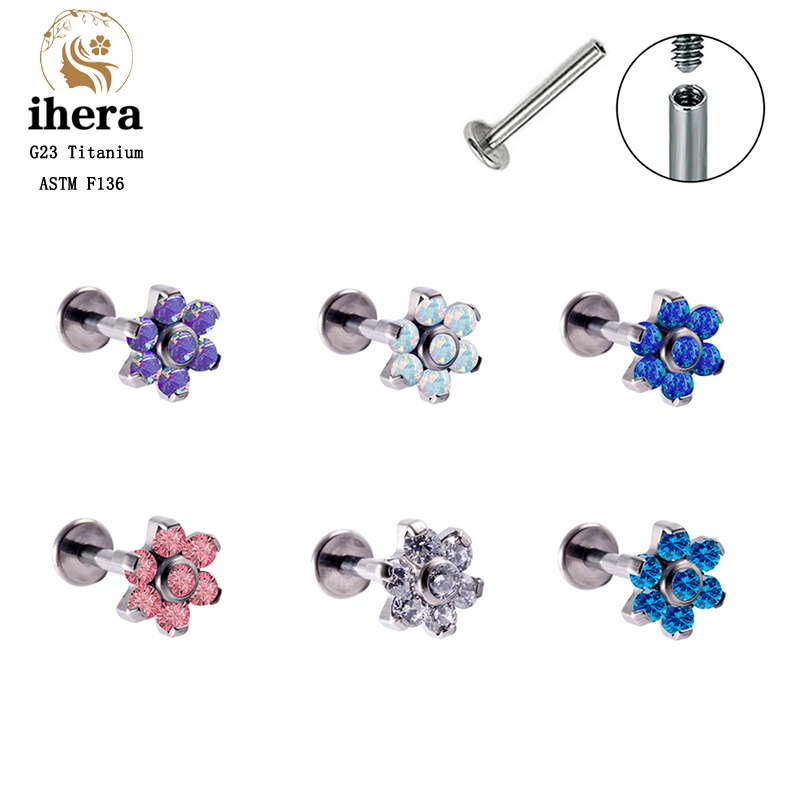 Body Jewelry Labret - Anting-anting tusuk titanium G23 Opal Bunga,